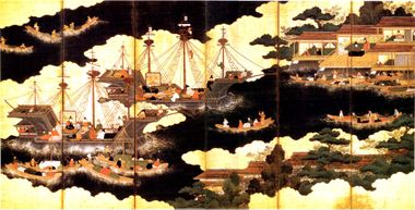 Nanban ships arriving for trade in Japan. 16th century painting.