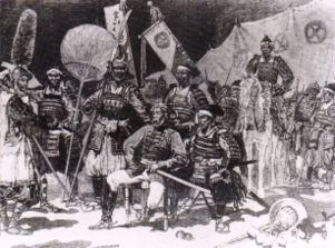 Saigō Takamori (seated, in Western uniform), surrounded by his officers, in samurai attire. News article in Le Monde Illustré, 1877.